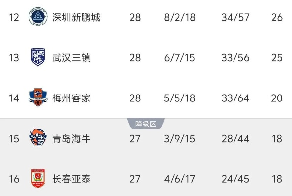 深圳中超积分榜最新排名，保级之路愈发艰难，球队需尽快找回状态